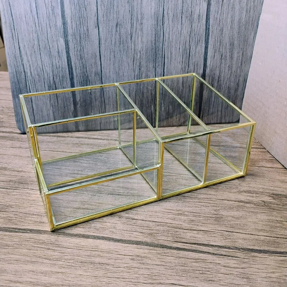Glass & Brass Tone Vanity Organizer for Makeup, Desk, Bathroom Storage